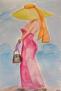 modern-abstrakt-farben-figuren-frau-aquarell-papier-hut-handtasche